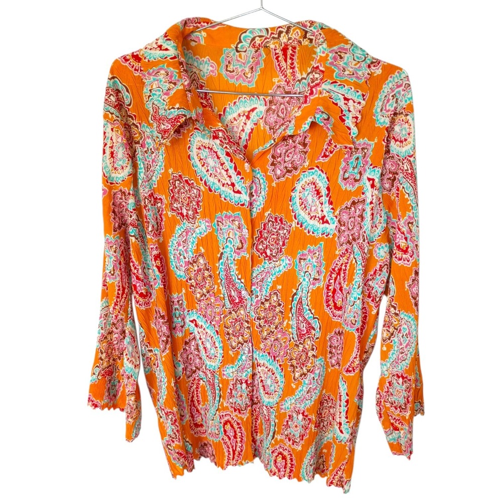 Vintage Orange Paisley Crinkle Button Up Blouse Long Sleeve Ruffle Collar Top